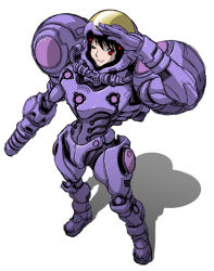 Rule 34 | 1girl, altcolor, alternate color, arm cannon, armor, black hair, from above, full armor, girlpower, gravity suit (metroid), grin, gun, helmet, koutarou, koutarou (girl power), looking at viewer, metroid, nintendo, one eye closed, power armor, red eyes, samus aran, science fiction, shading eyes, shadow, simple background, sketch, smile, solo, standing, weapon