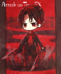 Rule 34 | 00tuma00, 1boy, bad id, bad pixiv id, belt, black hair, blade, boots, cable, cape, chibi, dual wielding, expressionless, full body, holding, holding sword, holding weapon, jacket, jitome, levi (shingeki no kyojin), long sleeves, machinery, male focus, red background, red eyes, red scarf, scarf, shingeki no kyojin, short hair, simple background, solo, sword, thigh strap, three-dimensional maneuver gear, uniform, weapon, wire