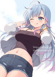 Rule 34 | 1girl, ;q, ahoge, bare shoulders, black shirt, blue eyes, blue hair, blue shorts, breasts, camisole, character request, check character, closed mouth, commission, cowboy shot, crop top, cutoffs, denim, denim shorts, earrings, gradient hair, hands up, highres, indie virtual youtuber, jacket, jewelry, large breasts, long sleeves, midriff, multicolored hair, navel, necklace, off shoulder, one eye closed, open clothes, open jacket, setsuna meguri, shirt, short shorts, shorts, sleeveless, sleeveless shirt, smile, solo, spaghetti strap, standing, stomach, taut clothes, taut shirt, thighs, tongue, tongue out, torn clothes, torn shorts, uramakaron, virtual youtuber, white jacket