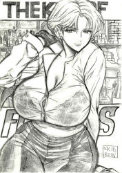 Rule 34 | 1girl, alcohol, arm behind back, arm over shoulder, blonde hair, bottle, bra, breasts, brick wall, cleavage, collar, commentary, copyright name, curvy, dress shirt, earrings, english commentary, gloves, greyscale, jewelry, king (snk), lace, lace bra, large breasts, looking at viewer, mature female, monochrome, pants, parted bangs, see-through, shirt, short hair, skidrow, smile, solo, the king of fighters, traditional media, underwear