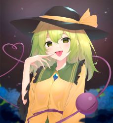 Rule 34 | 1girl, arm up, black hat, blurry, blurry background, commentary, finger to mouth, flower, green eyes, green hair, hair between eyes, hat, hat ribbon, heart, heart of string, highres, hydrangea, kanpa (campagne 9), komeiji koishi, long sleeves, looking at viewer, medium hair, night, open mouth, outdoors, ribbon, shirt, solo, standing, star (sky), third eye, tongue, tongue out, touhou, upper body, yellow shirt