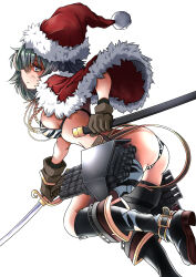 Rule 34 | 1girl, absurdres, ass, bikini, black footwear, boots, breasts, brown gloves, camouflage, camouflage bikini, capelet, cutlass, fur-trimmed capelet, fur-trimmed headwear, fur trim, gloves, green eyes, green hair, hat, highres, holding, holding sheath, holding sword, holding weapon, kantai collection, kiso (kancolle), kiso kai ni (kancolle), medium breasts, red capelet, red hat, rigging, santa hat, scabbard, sheath, simple background, solo, swimsuit, sword, thigh strap, unsheathed, weapon, white background, yaegashi (muzzuleflash)