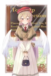 Rule 34 | 1girl, alternate costume, angel wings, bag, blue archive, blush, brown eyes, english text, feathered wings, halo, handbag, hat, highres, light brown hair, long hair, long skirt, nagisa (blue archive), red bag, red hat, skirt, solo, tetorariumu, white wings, wings