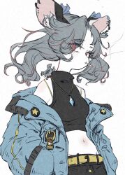 Rule 34 | 1girl, alternate hairstyle, animal ears, bare shoulders, belt, black shirt, casual, contemporary, cowboy shot, crop top, deal360acv, ear piercing, eyes visible through hair, grey hair, halter shirt, halterneck, highres, jacket, jewelry, light blue jacket, medium hair, midriff, mouse (animal), mouse ears, mouse girl, nazrin, off shoulder, open clothes, open jacket, pendant, piercing, punk, red eyes, shirt, smoking, solo, touhou, twintails, undefined fantastic object, yellow belt