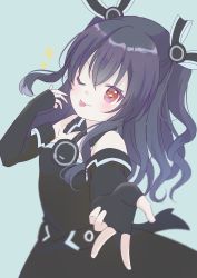 Rule 34 | absurdres, bare shoulders, black hair, breasts, collar, dress, gloves, hair ornament, hairclip, highres, long hair, neptune (series), one eye closed, ppppin55, red eyes, skirt, small breasts, smile, tongue, tsundere, twintails, two side up, uni (neptunia), wink