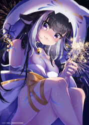 Rule 34 | 1girl, :3, animal ears, animal hands, animal hood, black hair, blush, body markings, breasts, cleavage, commentary request, fireworks, highres, holding, holding fireworks, hood, indie virtual youtuber, large breasts, long hair, looking at viewer, multicolored hair, nerdsidestories, one-piece swimsuit, orca hood, purple eyes, see-through, see-through cleavage, see-through swimsuit, shylily, shylily (3rd costume), smile, sparkler, streaked hair, swimsuit, thigh strap, virtual youtuber, white hair, white one-piece swimsuit