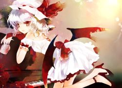 Rule 34 | 1girl, bad id, bad pixiv id, bat wings, blue hair, female focus, hat, high heels, instrument, piano, prino hawell, red eyes, remilia scarlet, shoes, solo, touhou, wings