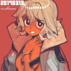 Rule 34 | 1girl, atra mixta, blush, breasts, brown hair, gundam, gundam tekketsu no orphans, hand on own chest, jacket, jewelry, looking at viewer, nervous smile, official art, open mouth, red eyes, sasaki tomomi, short hair, simple background, small breasts, smile, solo, topless