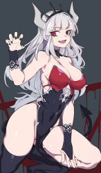 Rule 34 | 1girl, alternate costume, bare shoulders, black dress, black gloves, black nails, black thighhighs, breasts, bridal gauntlets, choker, claw pose, cleavage, demon girl, demon horns, demon tail, dress, fang, fangs, gloves, helltaker, horns, large breasts, long hair, looking at viewer, lucifer (helltaker), mole, mole on breast, mole under eye, nail polish, no panties, open mouth, pelvic curtain, red eyes, sideboob, single thighhigh, skindentation, slit pupils, smile, solo, strapless, strapless dress, symbol-only commentary, tail, thick thighs, thighhighs, thighs, tiara, very long hair, white hair, xiaoshou xiansheng