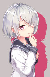 Rule 34 | 1girl, blush, bob cut, collarbone, colored shadow, commentary request, from side, grey background, grey hair, grey sailor collar, hair over one eye, hand on own chest, hand on own chin, hands up, kuresuku (lessons), long sleeves, looking at viewer, looking to the side, original, parted bangs, parted lips, red eyes, sailor collar, school uniform, shadow, shirt, short hair, sidelocks, sideways glance, solo, thick eyelashes, upper body, white shirt