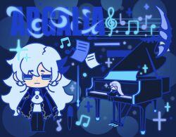 Rule 34 | 1boy, angelica (project moon), argalia (project moon), ascot, conductor baton, black pants, blue cape, blue coat, blue eyes, blue theme, cape, character doll, character name, closed mouth, coat, gostcat, library of ruina, long hair, male focus, music, musical note, pages, pants, pen, project moon, scythe, smile, very long hair, white ascot, white hair