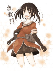 Rule 34 | 10s, 1girl, :d, brown eyes, brown hair, elbow gloves, gloves, kantai collection, long hair, looking at viewer, mashayuki, open mouth, pleated skirt, sendai (kancolle), skirt, smile, solo, translated, twintails, two side up, white gloves