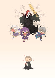 Rule 34 | 1boy, 3girls, :d, absurdres, ashe ubert, bernadetta von varley, black robe, blonde hair, chasing, chibi, closed eyes, crying, fire emblem, fire emblem: three houses, fire emblem fates, fleeing, flying sweatdrops, gradient background, grey hair, highres, holding, holding sword, holding weapon, lysithea von ordelia, mask, mercedes von martritz, multiple girls, nintendo, norue, open mouth, purple hair, robe, running, scared, shaded face, simple background, smile, surprised, sword, tears, trembling, weapon, white hair, yato (fire emblem)