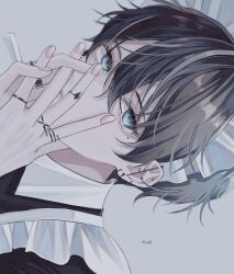 Rule 34 | 1boy, black hair, blue eyes, expressionless, fingernails, grey background, highres, jewelry, looking at viewer, maid, maid headdress, male focus, mole, mole under eye, multiple rings, original, own hands together, portrait, ring, short hair, signature, simple background, solo, sosaku 25