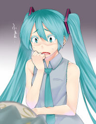 Rule 34 | 1girl, aqua eyes, aqua hair, colored eyelashes, fang, gradient background, hatsune miku, lappuru, necktie, out of frame, solo focus, translated, twintails, vocaloid