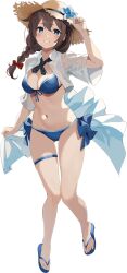 Rule 34 | 1girl, barefoot, bikini, blue bikini, blue eyes, blush, braid, breasts, brown hair, brown hat, cleavage, full body, grin, hair between eyes, hat, jacket, kantai collection, kujou ichiso, large breasts, long hair, looking at viewer, navel, official art, open clothes, open jacket, sandals, shigure (kancolle), shigure kai san (kancolle), single braid, smile, solo, straw hat, swimsuit, thigh strap, transparent background, white jacket