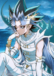 Rule 34 | 1boy, artist name, atem, belt, black hair, blue eyes, blue hair, blurry, blurry background, bracelet, cape, chest belt, collar, day, dragon tail, ear piercing, earrings, elbow gloves, gloves, green hair, hair ornament, hand on own face, jewelry, kaze-hime, leather, leather belt, looking at viewer, male focus, mountain, mountainous horizon, multicolored hair, one eye closed, pants, piercing, pointy ears, ring, shirt, signature, sitting, skirt, sky, sleeveless, solo, stud earrings, tail, toei animation, white cape, white pants, yu-gi-oh!