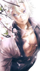 Rule 34 | 1boy, bad id, bad pixiv id, bare pectorals, black pants, blurry, branch, cherry blossoms, cowboy shot, cross scar, demon slayer uniform, depth of field, from above, hair between eyes, haori, japanese clothes, kimetsu no yaiba, looking at viewer, looking up, male focus, open clothes, pants, parted lips, pectorals, petals, plant, purple eyes, scar, scar on chest, scar on face, scar on forehead, scar on nose, shinazugawa sanemi, short hair, simple background, solo, sunao (pixiv46678627), white background, white hair