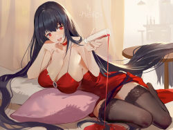 Rule 34 | 1girl, absurdly long hair, absurdres, alcohol, armpit peek, azur lane, black hair, black thighhighs, breasts, choker, cleavage, cup, dress, drinking glass, full body, helic (7317helic), highres, lace, lace-trimmed legwear, lace trim, large breasts, long hair, lying, no bra, official alternate costume, on side, open mouth, pillow, pouring, red choker, red dress, red eyes, red wine, revealing clothes, sideboob, sitting, sleeveless, sleeveless dress, solo, spaghetti strap, spilling, straight hair, table, taihou (azur lane), taihou (forbidden feast) (azur lane), thighhighs, thighs, very long hair, wine, wine glass, yokozuwari