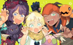 Rule 34 | 1girl, 2boys, :3, black hair, blonde hair, blue eyes, blue gloves, blue shirt, claw pose, collared shirt, creatures (company), crossover, ear piercing, fate/grand order, fate (series), fingernails, game freak, gen 3 pokemon, gen 6 pokemon, gloves, goomy, green background, green eyes, highres, jacket, japanese clothes, katsushika hokusai (fate), multiple boys, nintendo, octopus, on shoulder, one eye closed, one side up, oneroom-disco, open mouth, piercing, pokemon, pokemon (creature), pokemon on shoulder, pokemon swsh, purple hair, raihan (pokemon), scarf, shirt, short hair, short sleeves, single glove, star (symbol), teeth, tokitarou (fate), trapinch, upper body, upper teeth only, voyager (fate), voyager (first ascension) (fate), white shirt, yellow scarf
