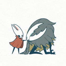 Rule 34 | 1girl, 1other, arm at side, arm up, arthropod girl, black eyes, black skin, blank eyes, blush, cloak, colored skin, crack, eye contact, full body, grey cloak, half-closed eyes, hand on another&#039;s chin, head tilt, height difference, high collar, hollow knight, hollow knight (character), hornet (hollow knight), kneeling, looking at another, red cloak, sakana 2-gou, simple background, standing, white background