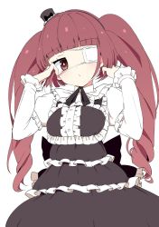 Rule 34 | 1girl, adjusting hair, blunt bangs, blush, breasts, brown eyes, brown hair, curly hair, dress, drill hair, eyepatch, frills, gothic lolita, hanazono yurine, hands up, hat, jashin-chan dropkick, lolita fashion, long hair, long sleeves, looking at viewer, mini hat, ribbon, simple background, small breasts, solo, tottotonero, twin drills, twintails, white background