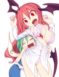 Rule 34 | 2girls, :d, ^ ^, arms up, bat wings, blush, bow, bow bra, bra, breasts, closed eyes, daiyousei, dress shirt, fairy, fairy wings, fang, from behind, green hair, head wings, koakuma, kuresento, large breasts, long hair, long sleeves, looking at another, multiple girls, open bra, open clothes, open mouth, open shirt, panties, pink bra, pink panties, red eyes, red hair, shirt, short hair, shorts, simple background, skirt, skirt set, smile, sweat, sweatdrop, touhou, underwear, vest, white background, wings