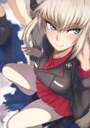Rule 34 | 10s, 1girl, ankle boots, black footwear, black jacket, black legwear, blue eyes, blurry, blurry background, boots, closed mouth, cloud, cloudy sky, commentary, cross-laced footwear, day, depth of field, dress shirt, from above, girls und panzer, hand in own hair, highres, itsumi erika, jacket, kuromorimine military uniform, lace-up boots, long hair, long sleeves, looking at viewer, military, military uniform, miniskirt, outdoors, pleated skirt, puddle, red shirt, red skirt, reflection, saku (saku1151), shirt, silver hair, skirt, sky, smile, socks, solo focus, squatting, uniform, wing collar