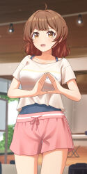 Rule 34 | 1girl, absurdres, ahoge, blush, breasts, brown hair, collarbone, commentary request, gakuen idolmaster, gradient hair, hanami ume, highres, idolmaster, indoors, large breasts, looking at viewer, medium hair, multicolored hair, pink shorts, shirt, short sleeves, shorts, smile, solo, striped clothes, striped shirt, surisuririsu, triangle hands