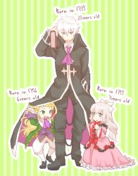 Rule 34 | 1girl, 2boys, age difference, aged down, ascot, blonde hair, book, charles-henri sanson (fate), child, dress, fate/grand order, fate (series), green background, hand in pocket, lace, marie antoinette (fate), multiple boys, pe6n1, purple ascot, simple background, striped legwear, under another&#039;s clothes, vertical stripes, wolfgang amadeus mozart (fate)
