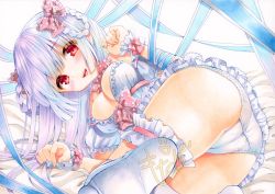 Rule 34 | 1girl, ass, babydoll, blue eyes, blush, bow, braid, breasts, cameltoe, cleavage, feet, hair bow, long hair, lying, motage illust, no shoes, on side, open mouth, original, panties, red eyes, ribbon, smile, soles, solo, thighhighs, underwear, white babydoll, white panties, white thighhighs