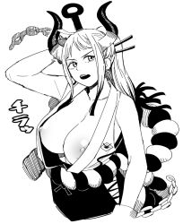 Rule 34 | 1girl, arm at side, arm behind head, arm up, bare arms, bare shoulders, breasts, chain, club, club (weapon), commentary request, cropped arms, cropped torso, cuffs, earrings, greyscale, holding, holding weapon, horns, huge breasts, japanese clothes, jewelry, kanabou, kataginu, long hair, looking at viewer, monochrome, multicolored horns, nipple slip, nipples, no bra, one piece, oni, open mouth, rope, shackles, shimenawa, solo, tesu, weapon, weapon on back, yamato (one piece)