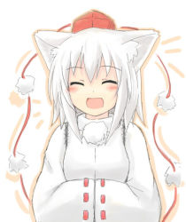 Rule 34 | 1girl, :d, ^ ^, animal ears, closed eyes, closed eyes, hands in opposite sleeves, hat, inubashiri momiji, kibisake, lowres, open mouth, pom pom (clothes), ribbon-trimmed sleeves, ribbon trim, s katsuo, shirt, short hair, smile, solo, tokin hat, touhou, white background, white hair, wide sleeves, wolf ears