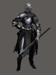 Rule 34 | androgynous, armor, full armor, gender request, halberd, hand on own hip, helmet, highres, nisetanaka, original, polearm, simple background, solo, sword, weapon