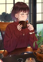 Rule 34 | 1girl, bad id, bad pixiv id, blue hair, blurry, brown hair, cup, depth of field, earrings, glasses, highres, jewelry, looking to the side, mole, mole under eye, mug, multicolored hair, nail polish, necklace, original, round eyewear, saitou (lynx-shrike), short hair, sitting, sleeves past wrists, solo, sweater, turtleneck, turtleneck sweater, two-tone hair, upper body, watch, wristwatch, yellow eyes
