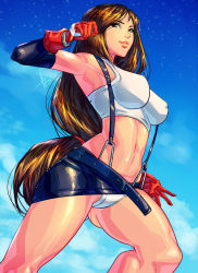 Rule 34 | 1girl, breasts, brown eyes, brown hair, final fantasy, final fantasy vii, from below, highres, impossible clothes, jumping, large breasts, long hair, looking at viewer, midriff, miniskirt, panties, pantyshot, parted lips, shiny skin, skirt, sky, solo, standing, star (sky), starry sky, suspenders, tank top, tifa lockhart, underwear