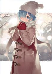 Rule 34 | 10s, 1girl, :o, absurdres, alternate costume, blue eyes, blue hair, blush, branch, brown coat, buttons, casual, coat, copyright name, cowboy shot, day, duffel coat, gaou (umaiyo puyoman), gloves, grey scarf, hair ornament, hair over one eye, hairclip, highres, long sleeves, looking at viewer, mittens, open mouth, outdoors, outside border, plaid, plaid scarf, pom pom (clothes), re:zero kara hajimeru isekai seikatsu, red mittens, rem (re:zero), scan, scarf, short hair, snow, snowing, solo, standing, tareme, tree, winter, winter clothes, winter coat, x hair ornament