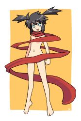 Rule 34 | 1girl, :d, barefoot, black hair, blue eyes, breasts, commentary request, full body, hair between eyes, highres, looking at viewer, muu (mumumer), naked scarf, navel, open mouth, orange background, original, red scarf, scarf, sidelocks, small breasts, smile, solo, twintails, two-tone background, white background