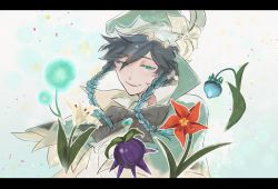 Rule 34 | 1boy, androgynous, beret, berry, black hair, blue hair, bow, braid, brooch, cape, collared cape, collared shirt, dandelion, flower, gem, genshin impact, genshin krois, gradient hair, green eyes, green hat, hat, hat flower, highres, jewelry, leaf, looking at viewer, male focus, multicolored hair, open mouth, pinwheel, red flower, shirt, short hair with long locks, simple background, smile, solo, twin braids, venti (genshin impact), white flower