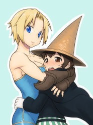 Rule 34 | 1boy, 1girl, bare shoulders, black mage, black mage (fft), black mage (final fantasy), blonde hair, blue eyes, blush, breast smother, breasts, brown eyes, brown hair, cape, cleavage, couple, elbow gloves, elbow pads, embarrassed, face to breasts, final fantasy, final fantasy tactics, fingerless gloves, gloves, hat, height difference, hetero, large breasts, monk (fft), outline, short hair, simple background, smile, strapless, tsukudani (coke-buta), unitard, white gloves, wizard hat