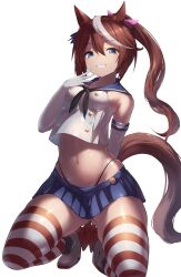 Rule 34 | 1girl, absurdres, animal ears, bare shoulders, blue eyes, blue skirt, brown hair, commentary request, cosplay, crop top, elbow gloves, gloves, highres, horse ears, kantai collection, long hair, midriff, miniskirt, navel, ponytail, saikuu, sailor collar, sailor shirt, shimakaze (kancolle), shimakaze (kancolle) (cosplay), shirt, simple background, skirt, sleeveless, sleeveless shirt, solo, stomach, striped clothes, striped thighhighs, thighhighs, thighs, tokai teio (umamusume), umamusume, white background, white gloves
