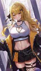 Rule 34 | 1girl, absurdres, ahoge, asymmetrical legwear, bare shoulders, belt, blonde hair, blush, breasts, choker, cleavage, cleavage cutout, clothing cutout, collarbone, crop top, fang, fishnet thighhighs, fishnets, hair ornament, hair ribbon, hairclip, highres, hololive, jacket, large breasts, long hair, looking at viewer, menmen (menmen13s), mismatched legwear, navel, obake-chan (yozora mel), open clothes, open jacket, ponytail, ribbon, skin fang, skirt, smile, solo, star (symbol), star hair ornament, thighhighs, virtual youtuber, yellow eyes, yozora mel, yozora mel (streetwear)