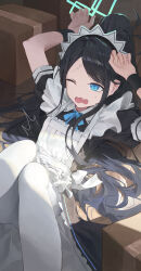 Rule 34 | 1girl, absurdres, apron, aqua halo, aris (blue archive), aris (maid) (blue archive), arms up, black dress, black hair, blue archive, blue ribbon, box, cardboard box, commentary, dress, flat chest, forehead, halo, high ponytail, highres, knees up, long hair, maakun (maakun40), maid headdress, neck ribbon, official alternate costume, one eye closed, open mouth, pantyhose, puffy short sleeves, puffy sleeves, rectangular halo, ribbon, ringed eyes, short sleeves, solo, swept bangs, very long hair, wavy mouth, white apron, white pantyhose, wrist cuffs