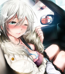 Rule 34 | 2girls, anastasia (idolmaster), between breasts, blue bra, blue eyes, blue panties, blush, bra, bra pull, breasts, car interior, closed mouth, clothes pull, commentary request, day, fingering, fur-trimmed jacket, fur trim, hair between eyes, hand in panties, idolmaster, idolmaster cinderella girls, jacket, jewelry, looking at viewer, medium breasts, miyuki yaya, multiple girls, necklace, nipples, one breast out, one eye closed, open clothes, open jacket, panties, pov, pussy juice, seatbelt, shirt pull, short hair, silver hair, sitting, solo focus, sweat, underwear, white jacket