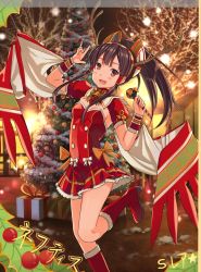 Rule 34 | 1girl, antlers, bell, black hair, blush, boots, bow, box, bracer, brown eyes, choker, christmas, christmas tree, covered navel, dress, gift, gift box, hair tubes, hairband, highres, holly, horns, idol, long hair, looking at viewer, m/, microphone, nephthys (p&amp;d), piza rokumai, ponytail, puffy short sleeves, puffy sleeves, puzzle &amp; dragons, short sleeves, smile, solo, standing, standing on one leg