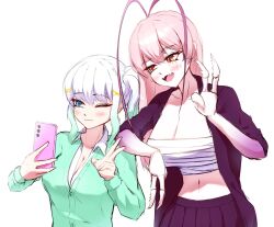 Rule 34 | alternate costume, antennae, banchou, blue eyes, blush, breasts, cardigan, cellphone, cgator, chest sarashi, cleavage, coat, collarbone, cowboy shot, delinquent, elbow on another&#039;s shoulder, gradient hair, green cardigan, green hair, gyaru, height difference, highres, indie virtual youtuber, large breasts, long hair, long sleeves, looking at phone, matara kan, medium breasts, midriff, miniskirt, mint fantome, multicolored hair, navel, one eye closed, open clothes, open coat, open mouth, orange eyes, partially unbuttoned, phone, pink hair, sarashi, side ponytail, sidelocks, simple background, skirt, smartphone, smile, sukeban, taking picture, v, vshojo, white background, white hair