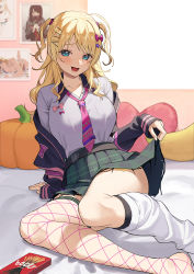 Rule 34 | 1girl, black jacket, blonde hair, blue eyes, bow, collarbone, copyright request, fishnet thighhighs, fishnets, food, goumudan, green skirt, grey shirt, hair bow, hair ornament, hairclip, highres, indoors, jacket, long sleeves, looking at viewer, necktie, open mouth, pink necktie, plaid, plaid skirt, pocky, shirt, single thighhigh, skirt, smile, solo, star (symbol), star hair ornament, thighhighs, thighs, two side up