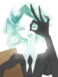 Rule 34 | 1other, androgynous, aqua eyes, aqua hair, bad id, bad pixiv id, clipboard, colored eyelashes, colored skin, crystal hair, easty, elbow gloves, gem uniform (houseki no kuni), gloves, green eyes, green hair, houseki no kuni, looking at viewer, necktie, one eye closed, open mouth, phosphophyllite, short hair, smile, solo, upper body, white background, white skin
