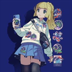 Rule 34 | 1girl, alternate costume, bag, blonde hair, blue background, blue skirt, blunt bangs, celesteela, closed mouth, cosmog, creatures (company), deoxys, game freak, gen 3 pokemon, gen 7 pokemon, gen 8 pokemon, gigantamax, gigantamax orbeetle, green eyes, highres, holding, holding phone, legendary pokemon, light frown, lillie (pokemon), long hair, mythical pokemon, nintendo, orbeetle, phone, pinkgermy, pleated skirt, pokemon, pokemon sm, ponytail, rayquaza, shadow, shoulder bag, skirt, sticker, sweater, thighhighs, ultra beast, white sweater