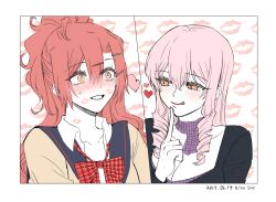 Rule 34 | 2girls, aaaaddddd, akuma no riddle, blush, bow, bowtie, breasts, brown shirt, choker, cleavage, commentary, dated, drill hair, heart, inukai isuke, kiss day, large breasts, licking lips, lipstick mark, long hair, multiple girls, orange eyes, parted lips, pink hair, plaid, plaid bow, plaid bowtie, ponytail, purple choker, red bow, red bowtie, red hair, sagae haruki, shirt, smile, tongue, tongue out, upper body, yellow eyes, yuri